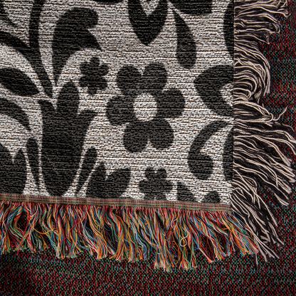 Custom Black Designer Floral Pattern Heirloom Artwork Woven Blanket