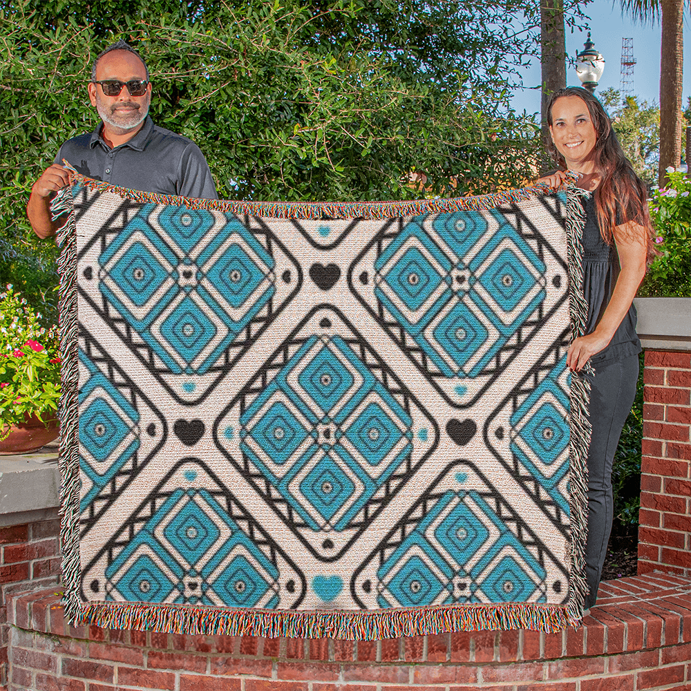 Turquoise Heart Pattern Heirloom Woven Blanket - Custom Designer Blanket