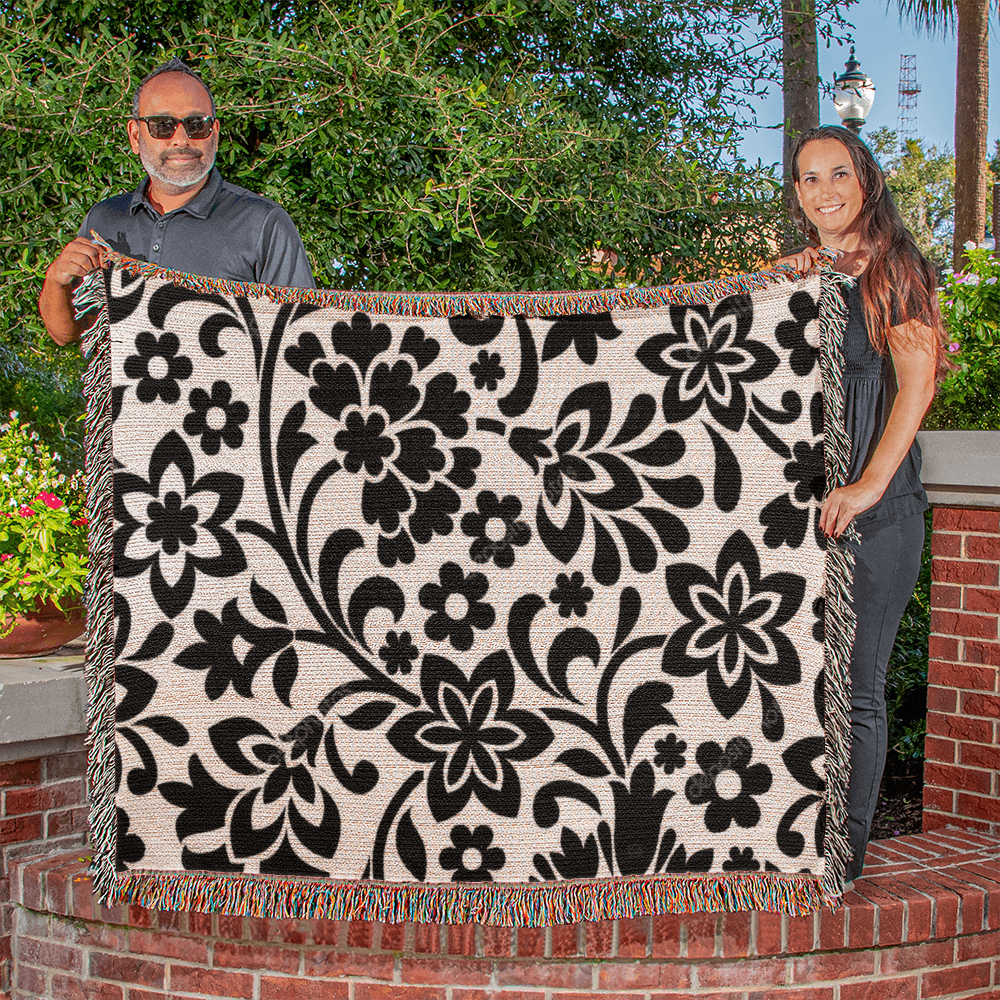 Custom Black Designer Floral Pattern Heirloom Artwork Woven Blanket