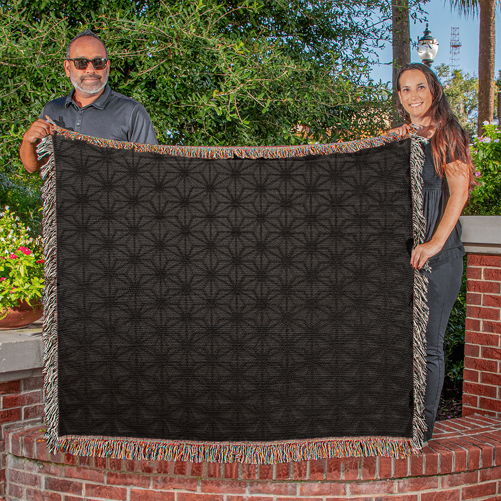 Custom Designer Black Flower Star Pattern Heirloom Artwork Woven Blanket