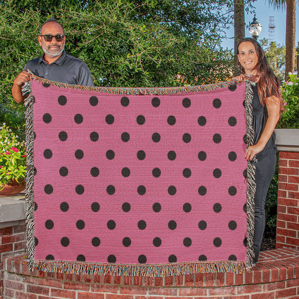 Custom Designer Pink & Black Polka Dot Heirloom Artwork Woven Blanket