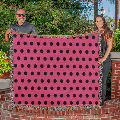 TRENDING -CUSTOM DESIGNER LADY BUG BLACK POLKA DOT PINK HEIRLOOM ARTWORK WOVEN BLANKET
