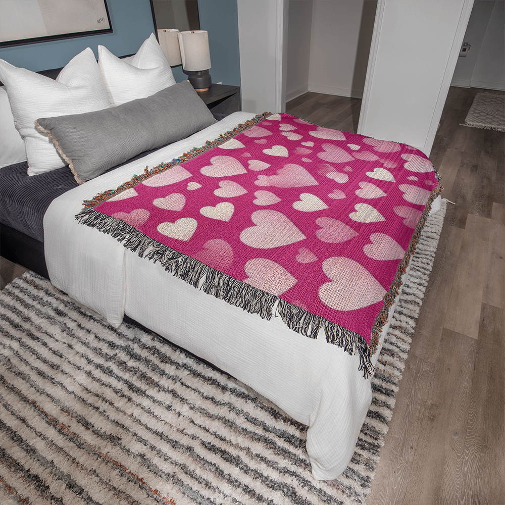 Custom Designer Pink Heart Heirloom Artwork Woven Blanket