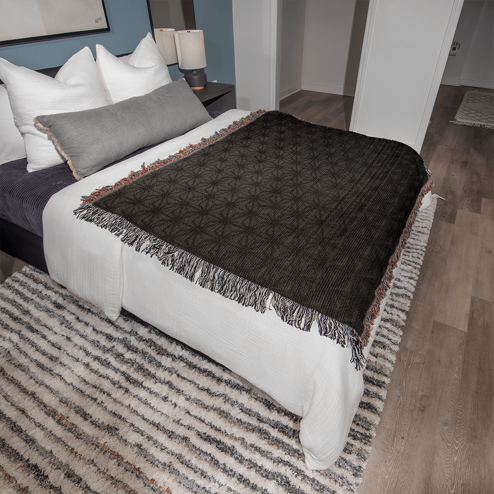 Custom Designer Black Flower Star Pattern Heirloom Artwork Woven Blanket