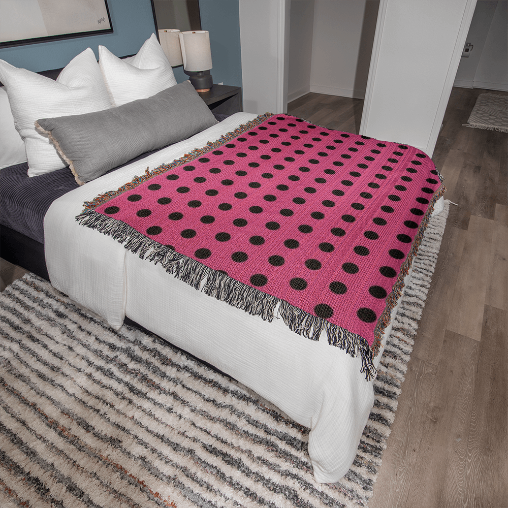 TRENDING -CUSTOM DESIGNER LADY BUG BLACK POLKA DOT PINK HEIRLOOM ARTWORK WOVEN BLANKET