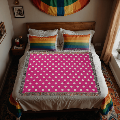 HOT ITEM- CUSTOM DESIGNER WHITE & PINK POLKA DOT LADY BUG HEIRLOOM ARTWORK WOVEN BLANKET