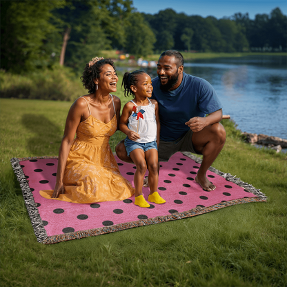 Custom Designer Pink & Black Polka Dot Heirloom Artwork Woven Blanket