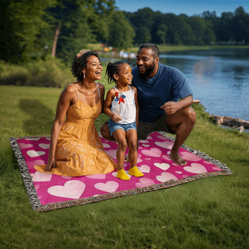 Custom Designer Pink Heart Heirloom Artwork Woven Blanket