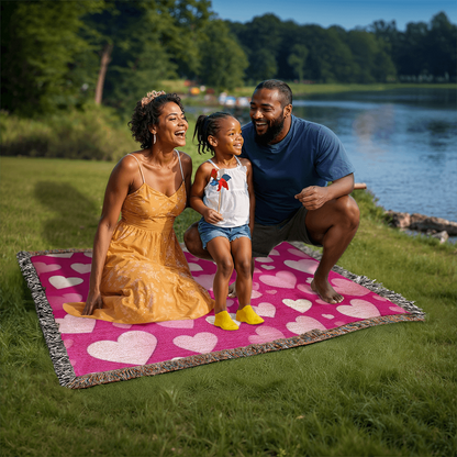 Custom Designer Pink Heart Heirloom Artwork Woven Blanket