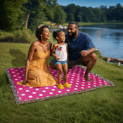 HOT ITEM- CUSTOM DESIGNER WHITE & PINK POLKA DOT LADY BUG HEIRLOOM ARTWORK WOVEN BLANKET