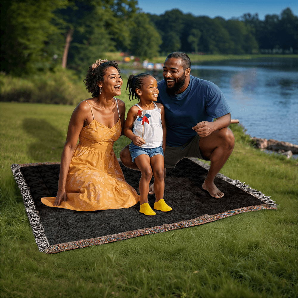 Custom Designer Black Flower Star Pattern Heirloom Artwork Woven Blanket