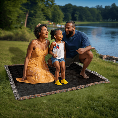 Custom Designer Black Flower Star Pattern Heirloom Artwork Woven Blanket