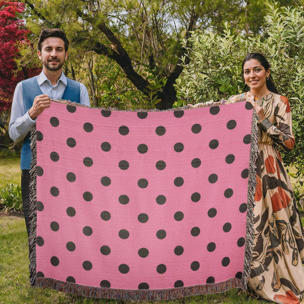 Custom Designer Pink & Black Polka Dot Heirloom Artwork Woven Blanket