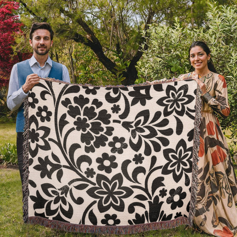 Custom Black Designer Floral Pattern Heirloom Artwork Woven Blanket