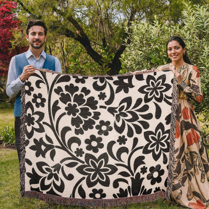 Custom Black Designer Floral Pattern Heirloom Artwork Woven Blanket