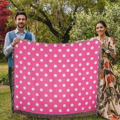 HOT ITEM- CUSTOM DESIGNER WHITE & PINK POLKA DOT LADY BUG HEIRLOOM ARTWORK WOVEN BLANKET