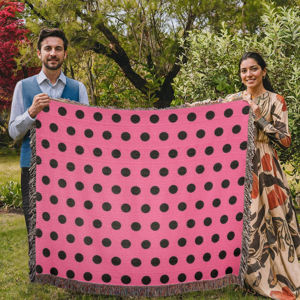 TRENDING -CUSTOM DESIGNER LADY BUG BLACK POLKA DOT PINK HEIRLOOM ARTWORK WOVEN BLANKET