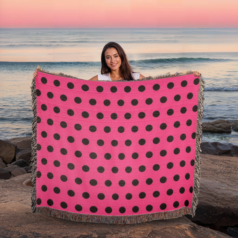 TRENDING -CUSTOM DESIGNER LADY BUG BLACK POLKA DOT PINK HEIRLOOM ARTWORK WOVEN BLANKET