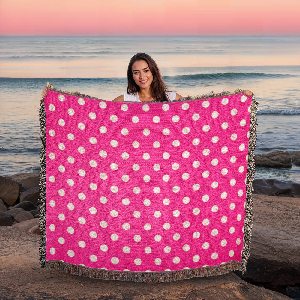 HOT ITEM- CUSTOM DESIGNER WHITE & PINK POLKA DOT LADY BUG HEIRLOOM ARTWORK WOVEN BLANKET