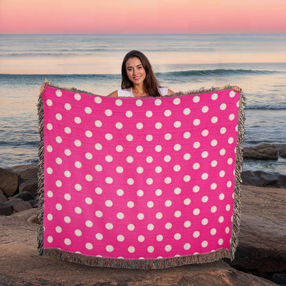 HOT ITEM- CUSTOM DESIGNER WHITE & PINK POLKA DOT LADY BUG HEIRLOOM ARTWORK WOVEN BLANKET