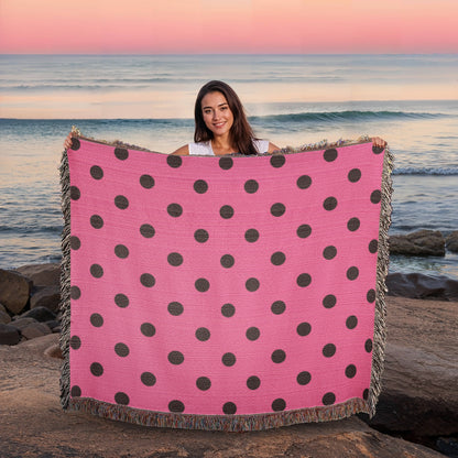 Custom Designer Pink & Black Polka Dot Heirloom Artwork Woven Blanket