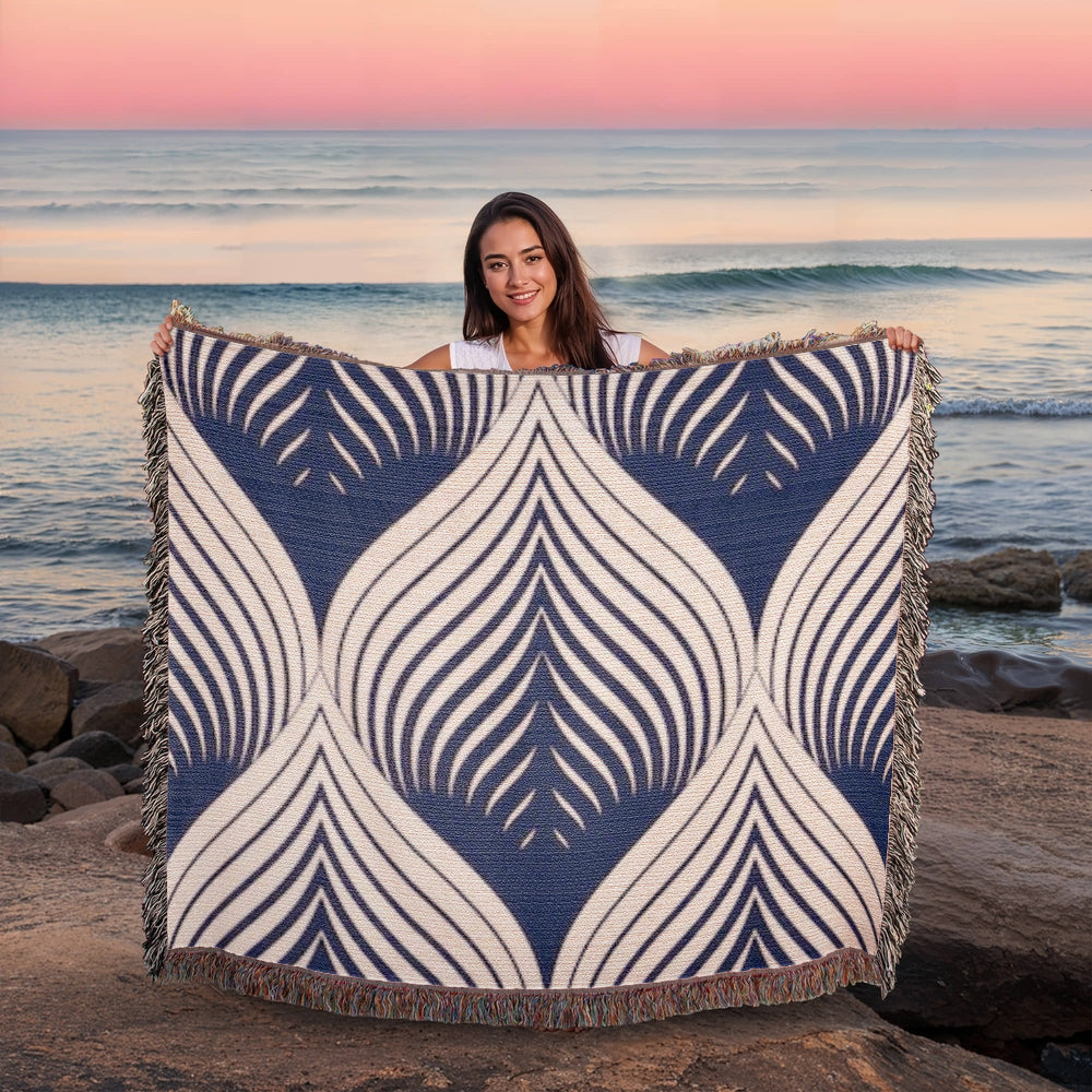 POPULAR DESIGN-Custom Designer Blue Leaf Heirloom Artwork Woven Blanket