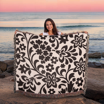 Custom Black Designer Floral Pattern Heirloom Artwork Woven Blanket