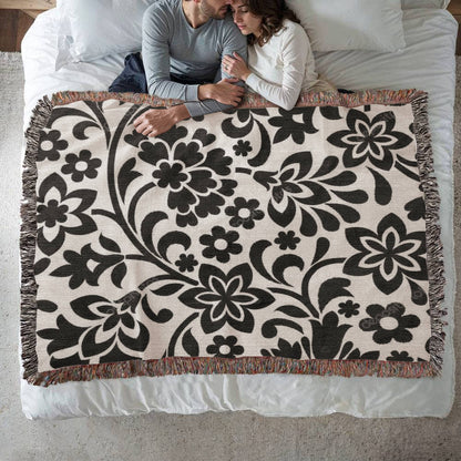 Custom Black Designer Floral Pattern Heirloom Artwork Woven Blanket