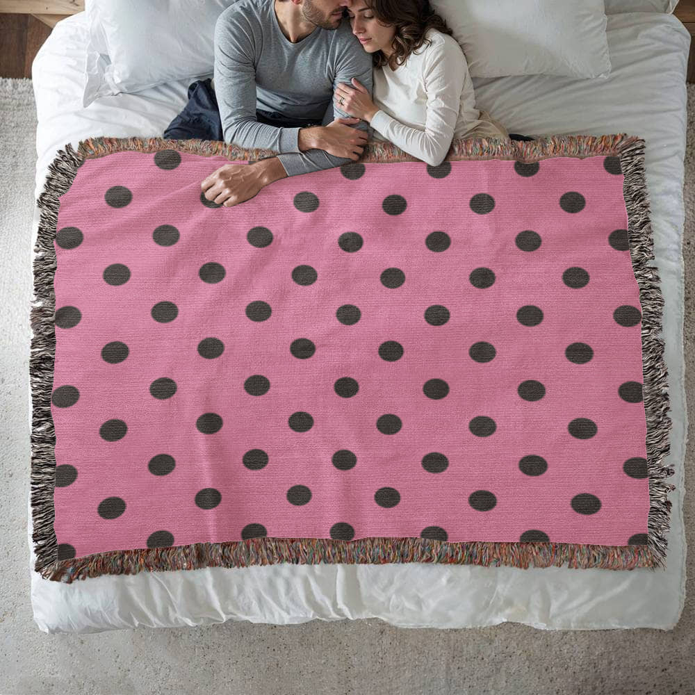 Custom Designer Pink & Black Polka Dot Heirloom Artwork Woven Blanket