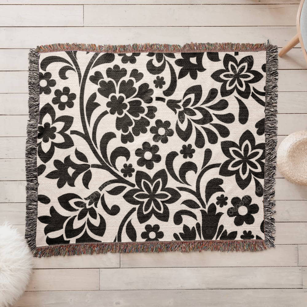 Custom Black Designer Floral Pattern Heirloom Artwork Woven Blanket