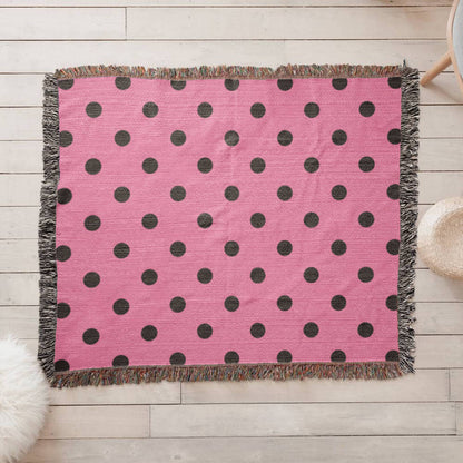 Custom Designer Pink & Black Polka Dot Heirloom Artwork Woven Blanket