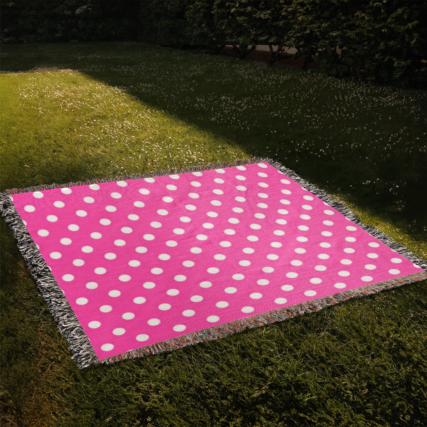 HOT ITEM- CUSTOM DESIGNER WHITE & PINK POLKA DOT LADY BUG HEIRLOOM ARTWORK WOVEN BLANKET