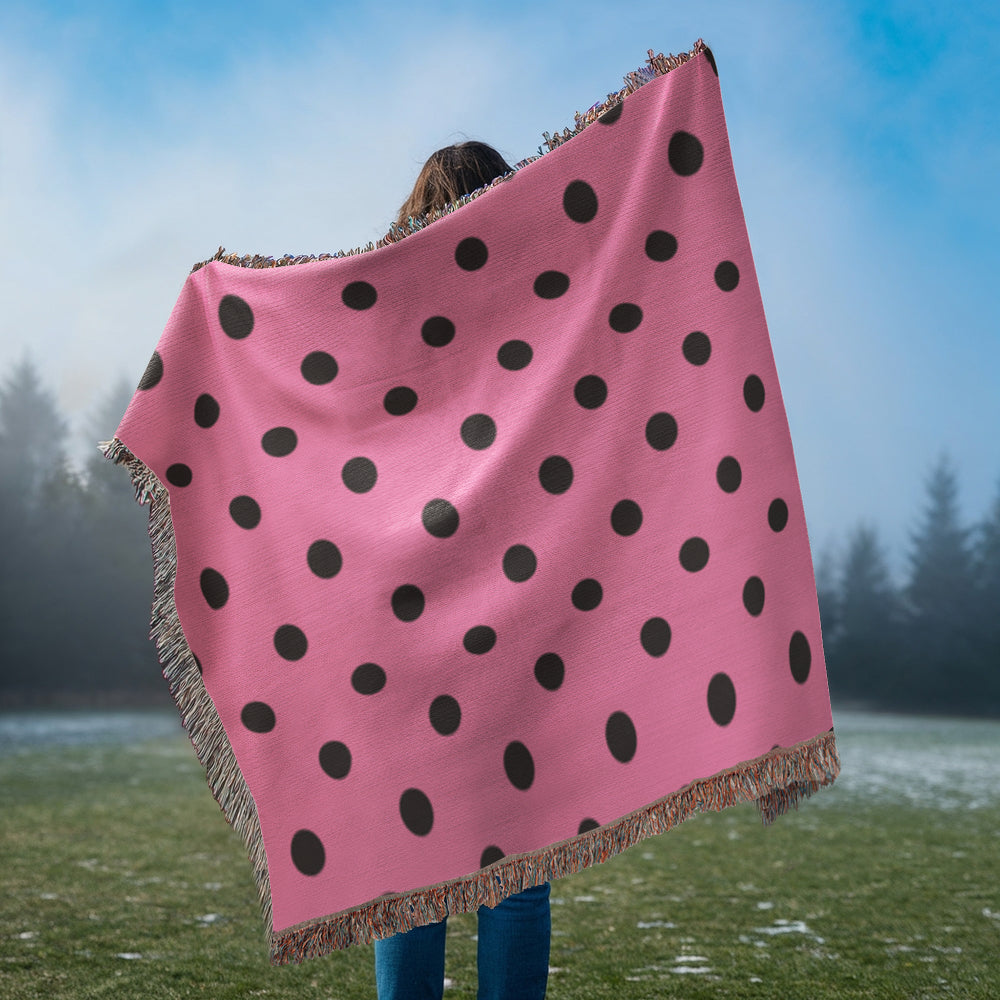 Custom Designer Pink & Black Polka Dot Heirloom Artwork Woven Blanket