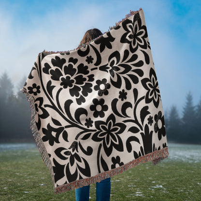 Custom Black Designer Floral Pattern Heirloom Artwork Woven Blanket