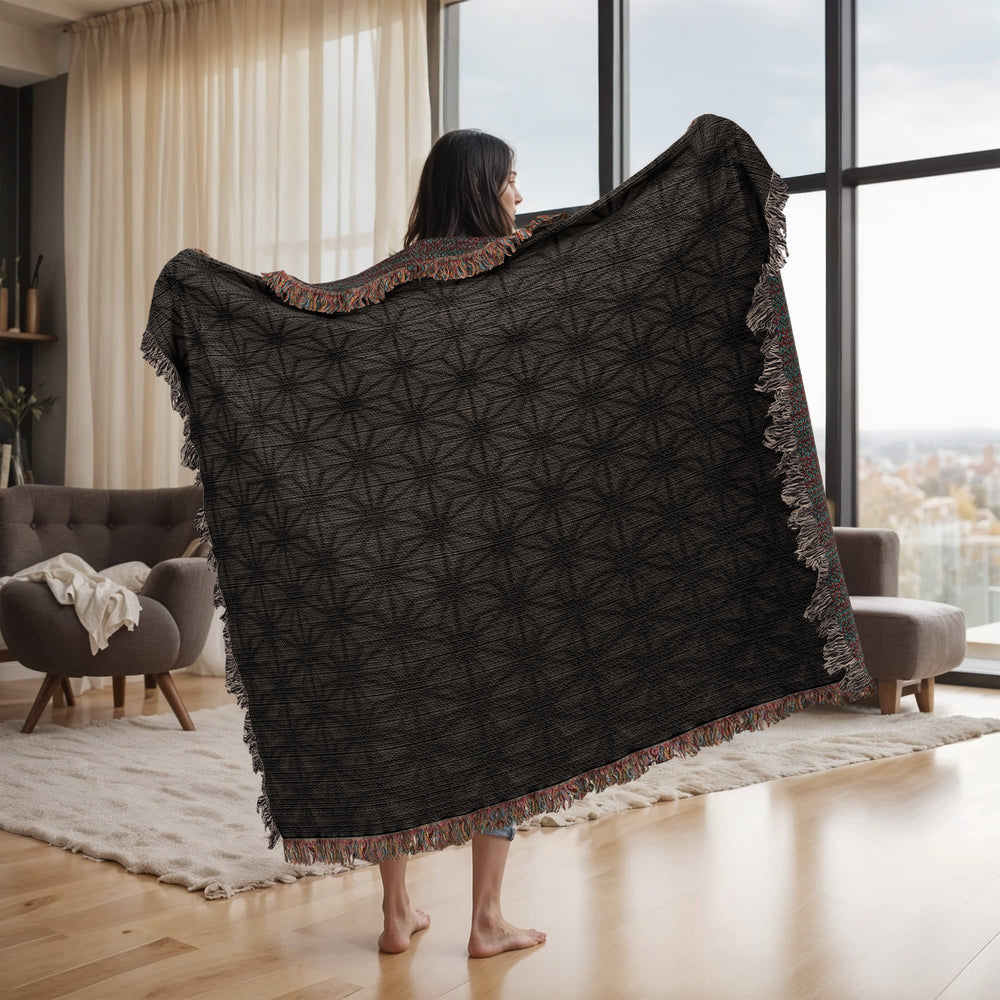 Custom Designer Black Flower Star Pattern Heirloom Artwork Woven Blanket