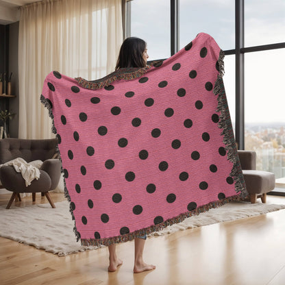 Custom Designer Pink & Black Polka Dot Heirloom Artwork Woven Blanket