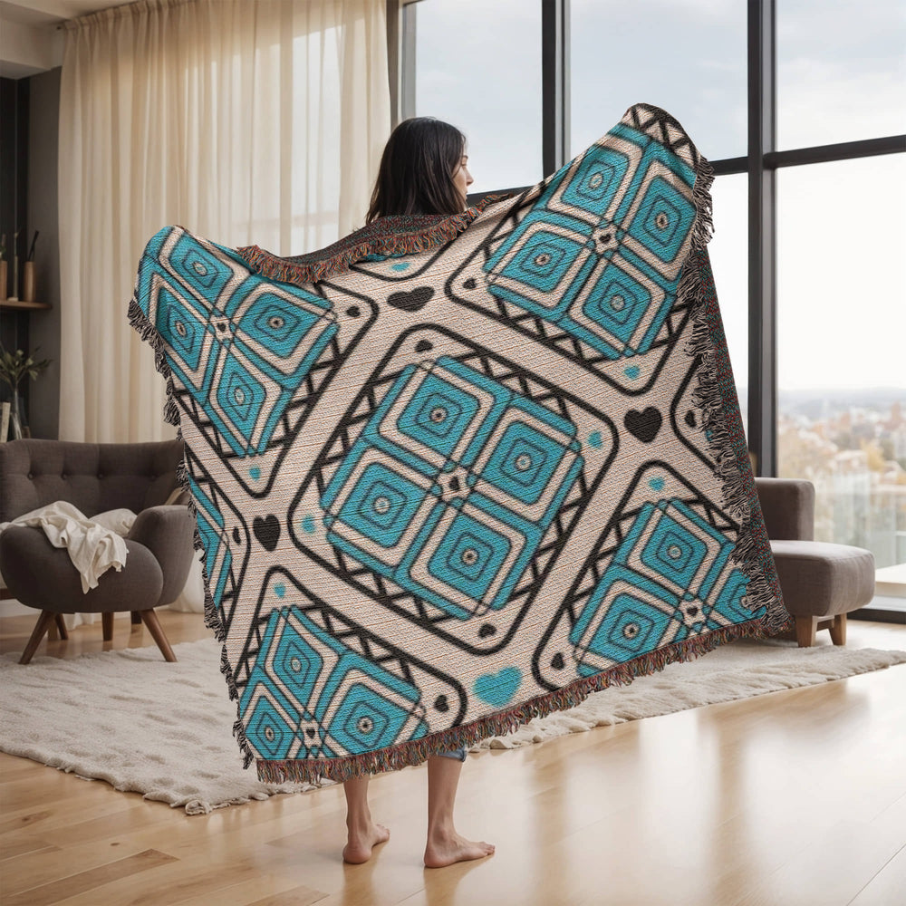 Turquoise Heart Pattern Heirloom Woven Blanket - Custom Designer Blanket