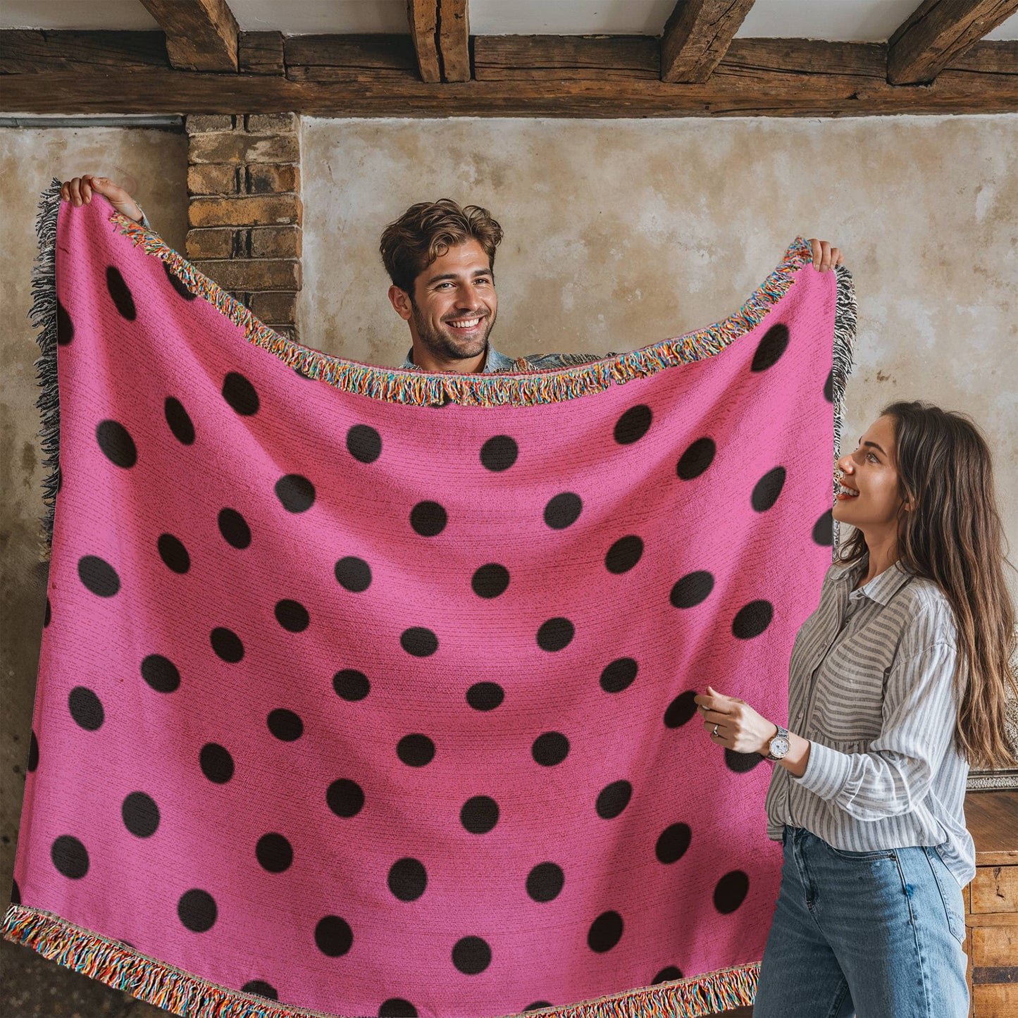 Custom Designer Pink & Black Polka Dot Heirloom Artwork Woven Blanket
