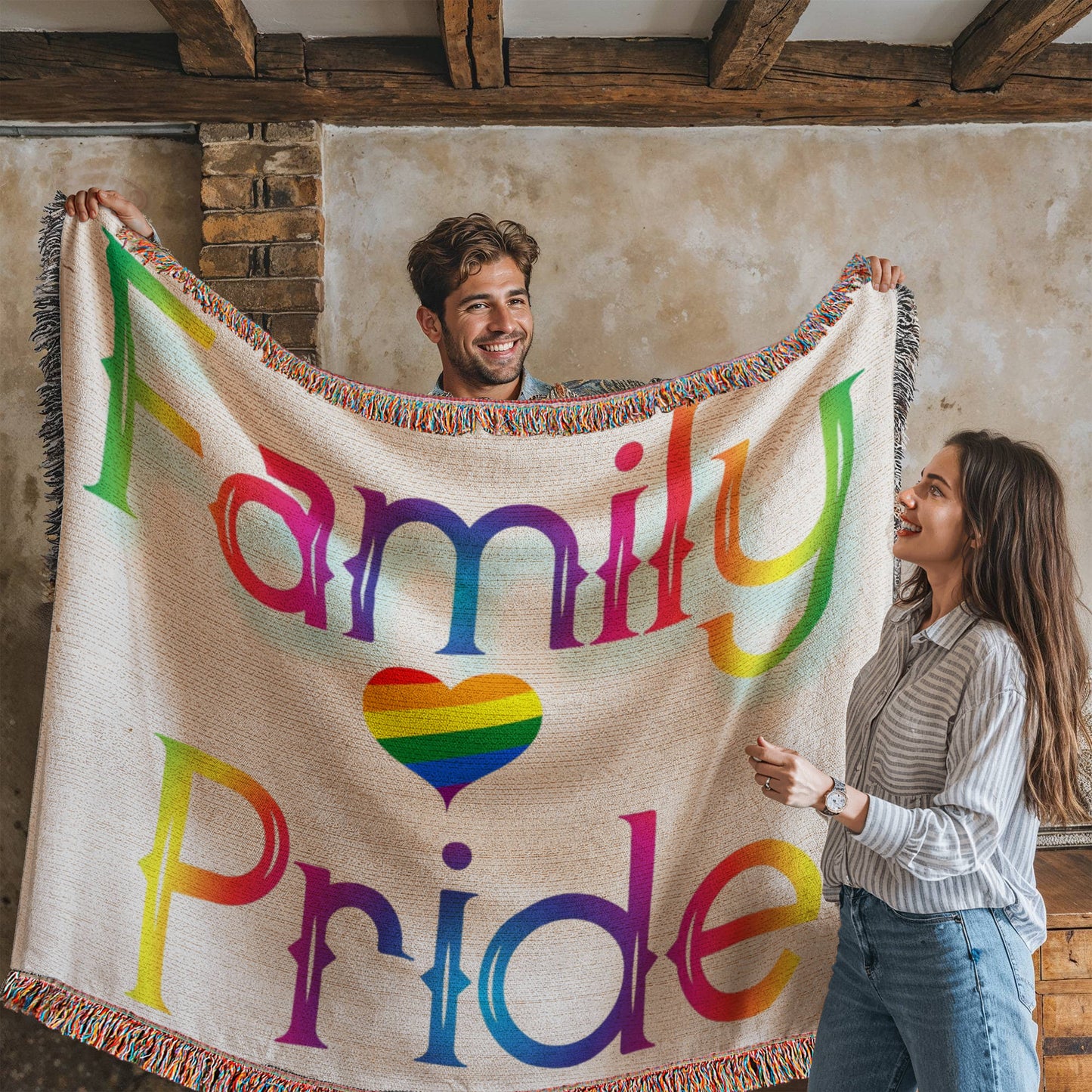 POPULAR DESIGN- Custom Designer Family Pride Rainbow Heart Heirloom Woven Blanket