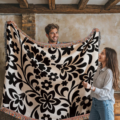 Custom Black Designer Floral Pattern Heirloom Artwork Woven Blanket