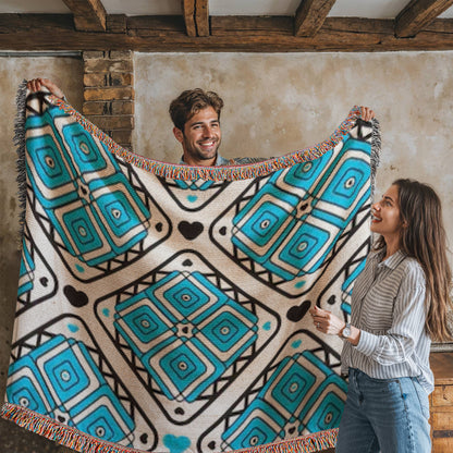 Turquoise Heart Pattern Heirloom Woven Blanket - Custom Designer Blanket