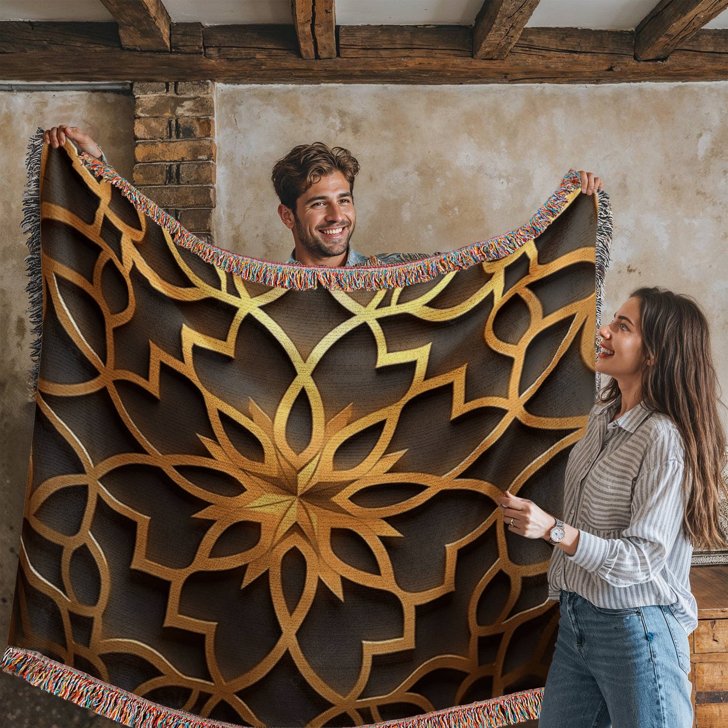 Custom Designer Star Flower Inlay Heirloom Artwork Woven Blanket