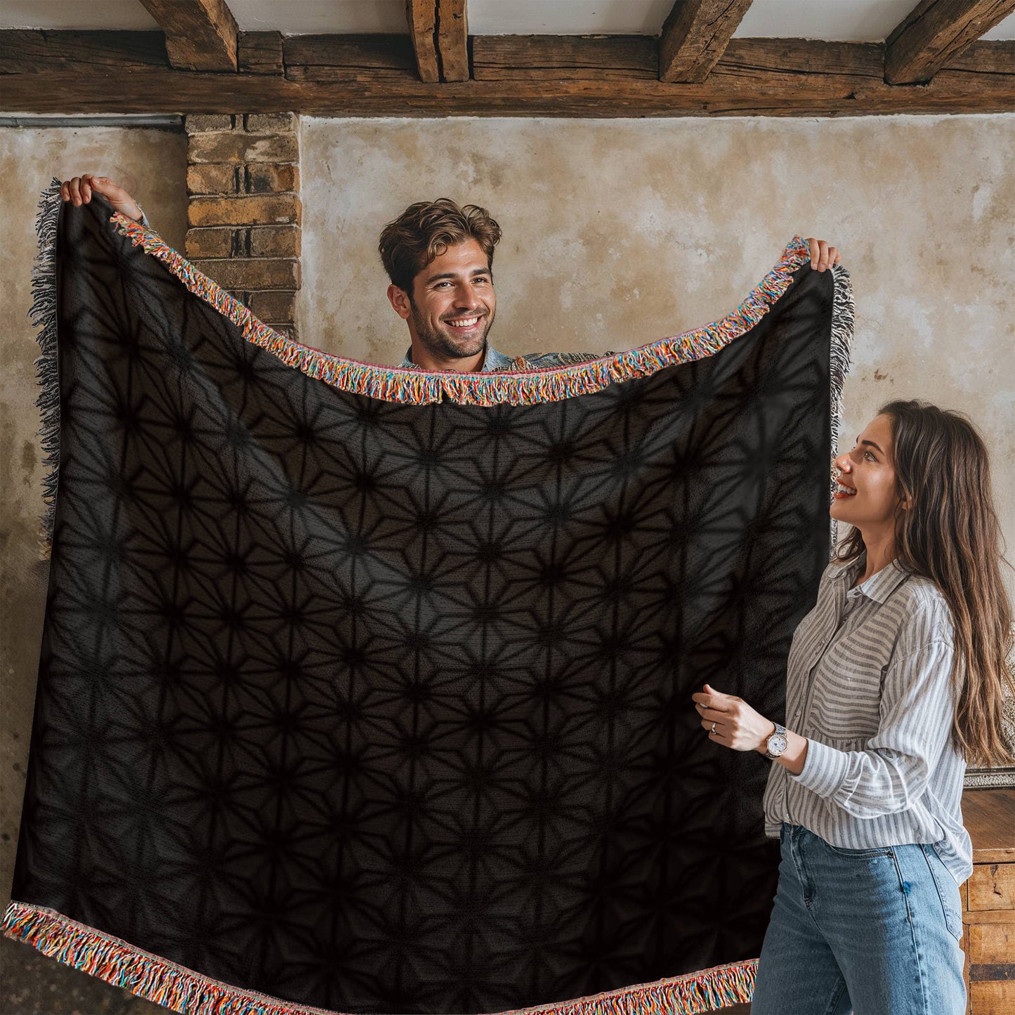 Custom Designer Black Flower Star Pattern Heirloom Artwork Woven Blanket