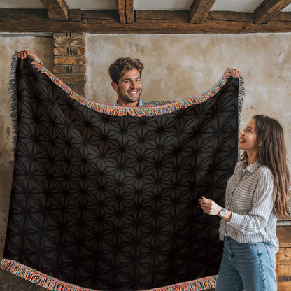 Custom Designer Black Flower Star Pattern Heirloom Artwork Woven Blanket