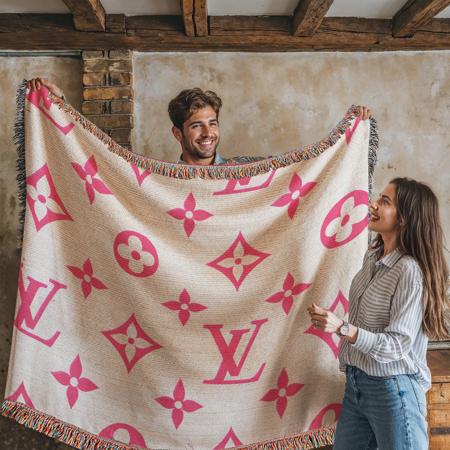 PINK CUSTOM TEMPLE CUSTOM DESIGNER HEIRLOOM ARTWORK WOVEN BLANKET