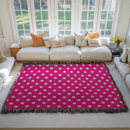 HOT ITEM- CUSTOM DESIGNER WHITE & PINK POLKA DOT LADY BUG HEIRLOOM ARTWORK WOVEN BLANKET