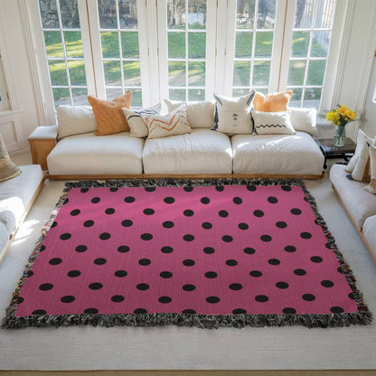 Custom Designer Pink & Black Polka Dot Heirloom Artwork Woven Blanket