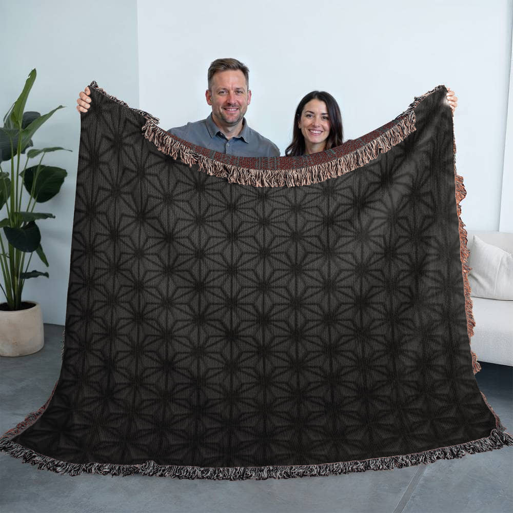 Custom Designer Black Flower Star Pattern Heirloom Artwork Woven Blanket