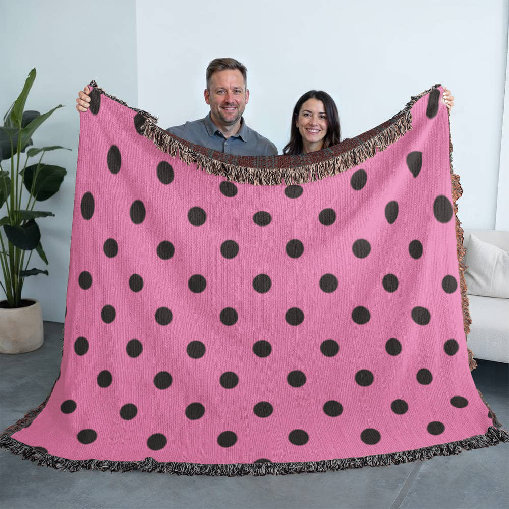 Custom Designer Pink & Black Polka Dot Heirloom Artwork Woven Blanket
