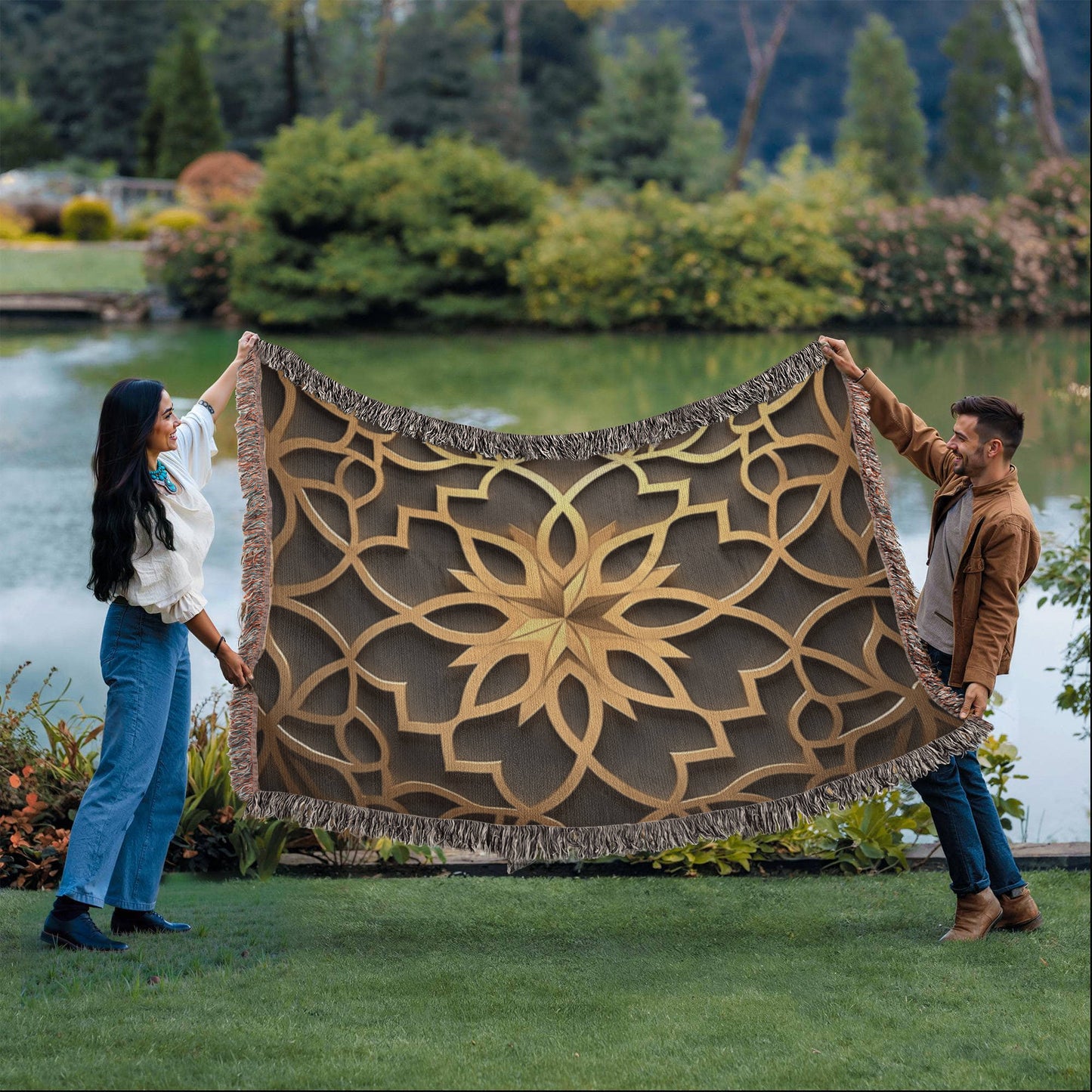 Custom Designer Star Flower Inlay Heirloom Artwork Woven Blanket